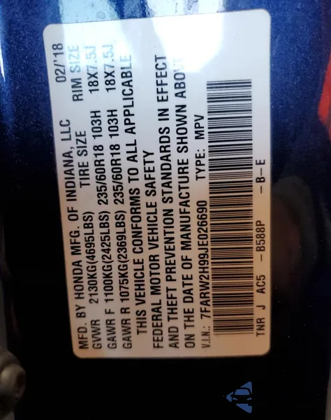 2018 Honda Cr-V Touring z USA, uszkodzony, nr VIN 7FARW2H99JE026690